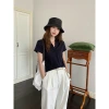 GAGD Henry collar net short-sleeved T-shirt for women, shoulder straightening, slimming, simple basic base T-shirt top for women's summer Specification image